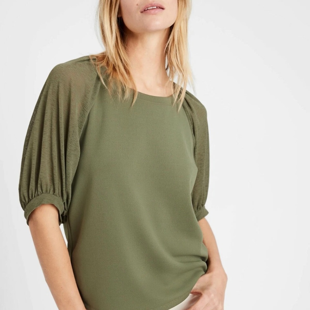 Banana Republic Olive Green Puff-Sleeve Blouse SZ M